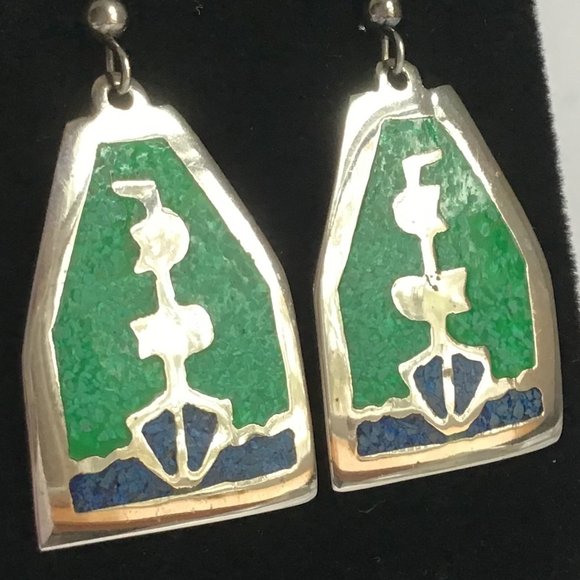 Vintage Silver Malachite & Lapis Earrings - Ships ahoy! - Picture 3 of 7